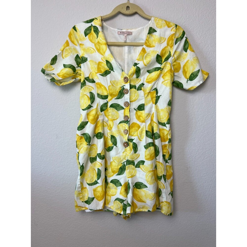 BCBGeneration Yellow Lemon Print Linen Blend V-Neck Romper Lined Size XS